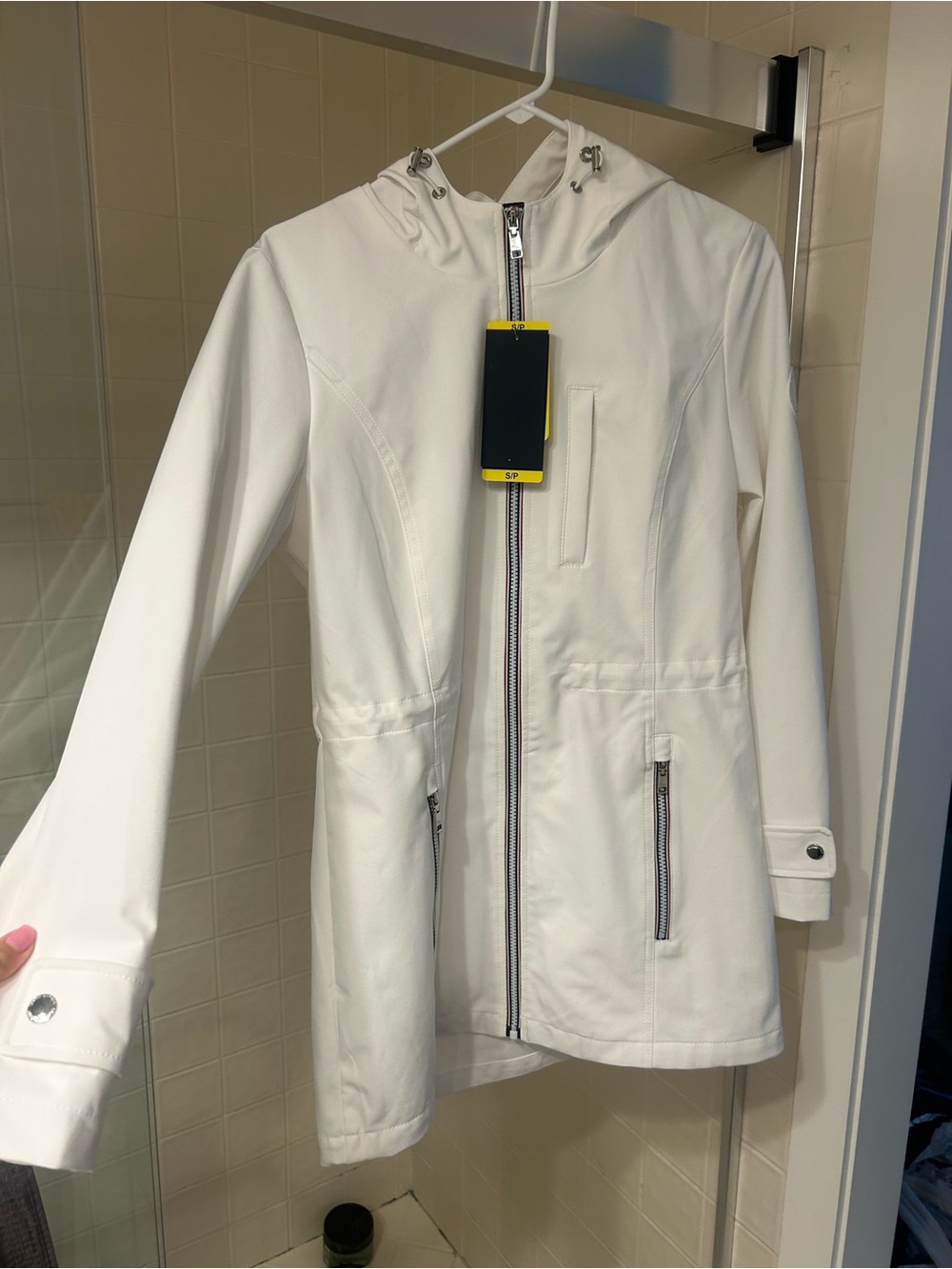 Tommy Hilfiger White Hooded Zip-Front Rain Coat